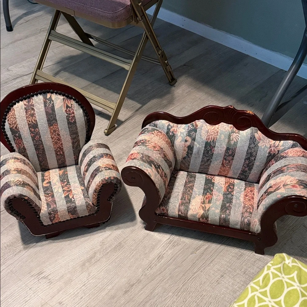 Vintage Floral Stripe Upholstered Mini Loveseat - Blue and Pink doll house set